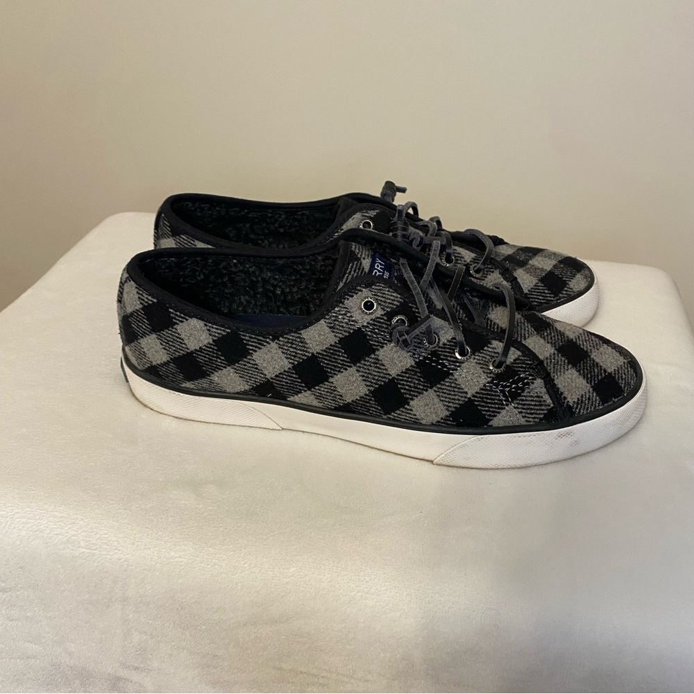 Sperry Slip On Wool Blend Black and Gray Plaid Sneakers 8.5